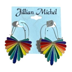 Jillian Michel Rainbow Feather Heart Earrings, Dangle, Gold Tone, New on Card!